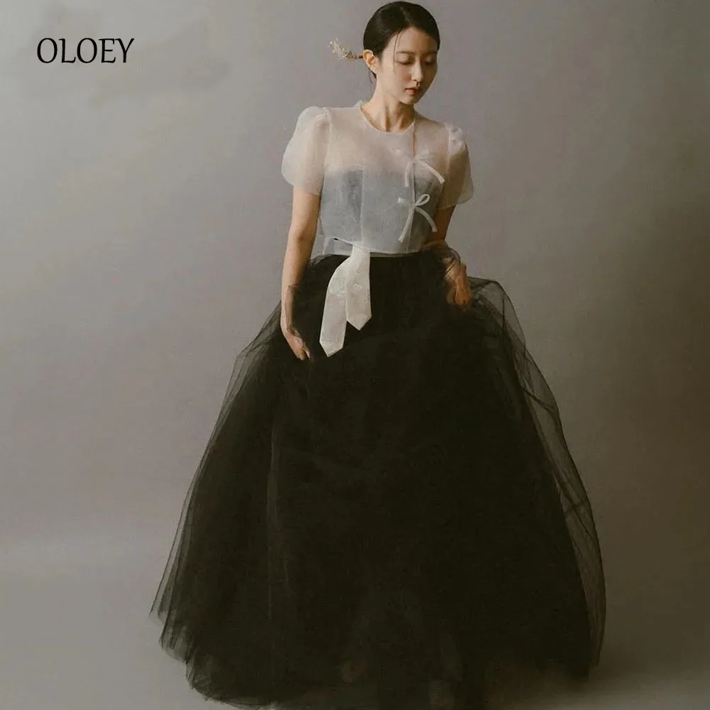 Oloey Classic Korean Wedding Dresses O Neck Short Sleeves Customized Bridal Gowns Floor Length A Line Corset Black Wedding Snap