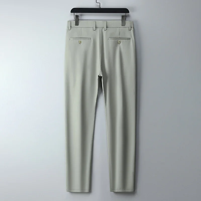 Pantalones de traje de seda de hielo para hombre, pantalón de cintura alta, edición coreana, informal, para oficina y negocios, novedad de 2024