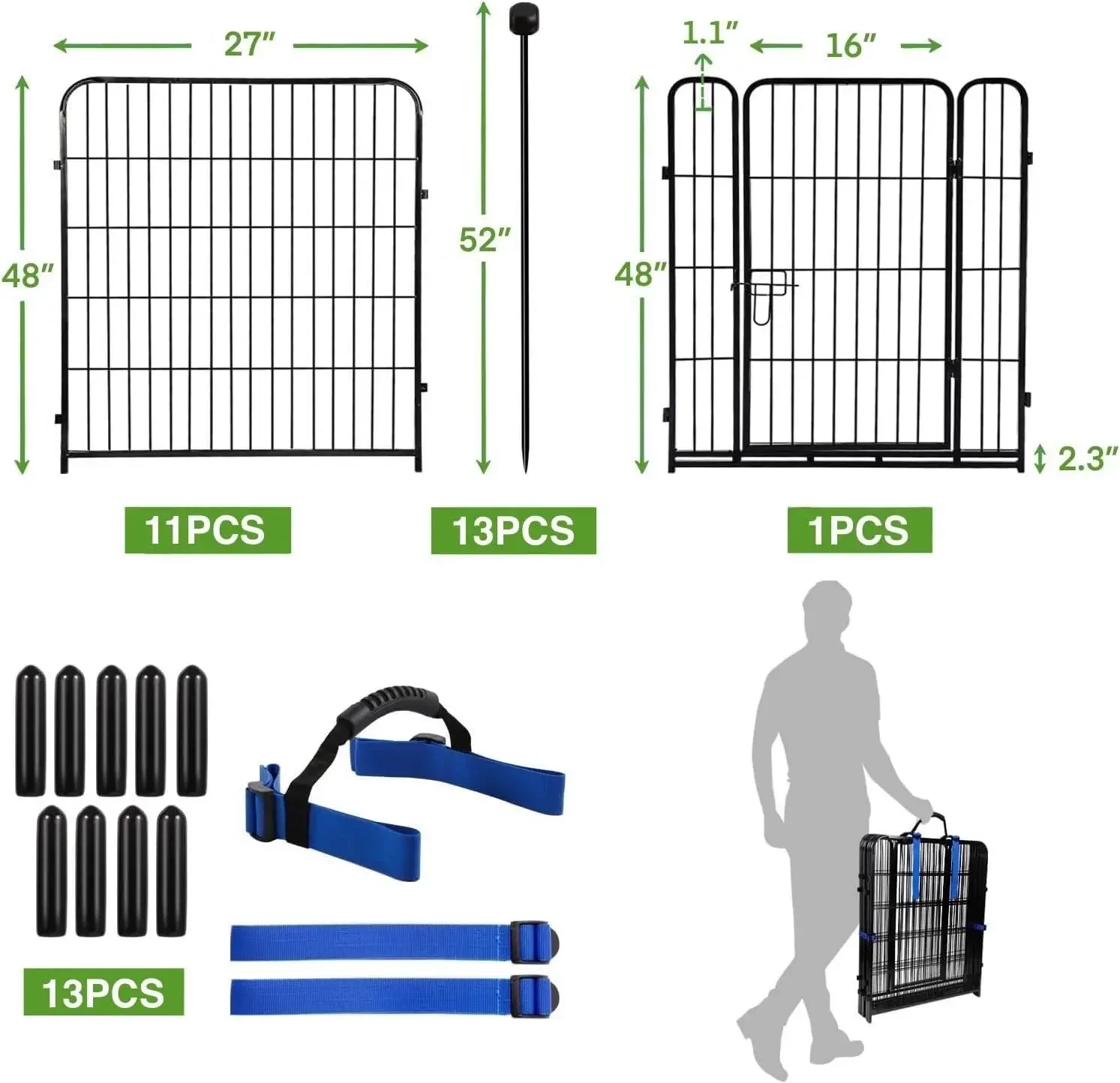 

[Limited Stock!]Tall Garden Fence Border with gate, 48 in(H) 12 Panels Total 26.6 Ft(L), Wide Door Low Threshold Fences, Black I