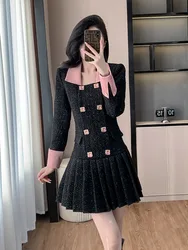 High Quality French Vintage Small Fragrant Tweed Dress For Women Autumn Winter High Waist Slim Pleated Short Dresses Vestidos