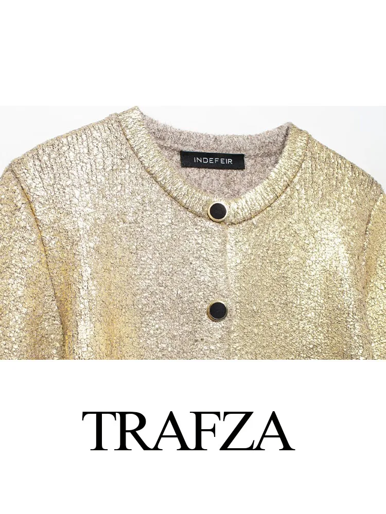 TRAFZA Women Fashion Knitted Tops Gold O-Neck Long Sleeves Pockets Single Breasted Cardigans Female Autumn High Street Coats