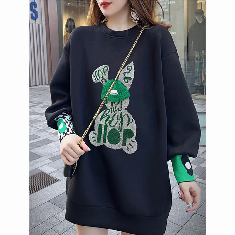 

Fashion O-Neck Spliced Diamonds Cartoon Mini Dress Female Clothing 2024 Autumn Winter New Oversized Young Style Casual Dresses