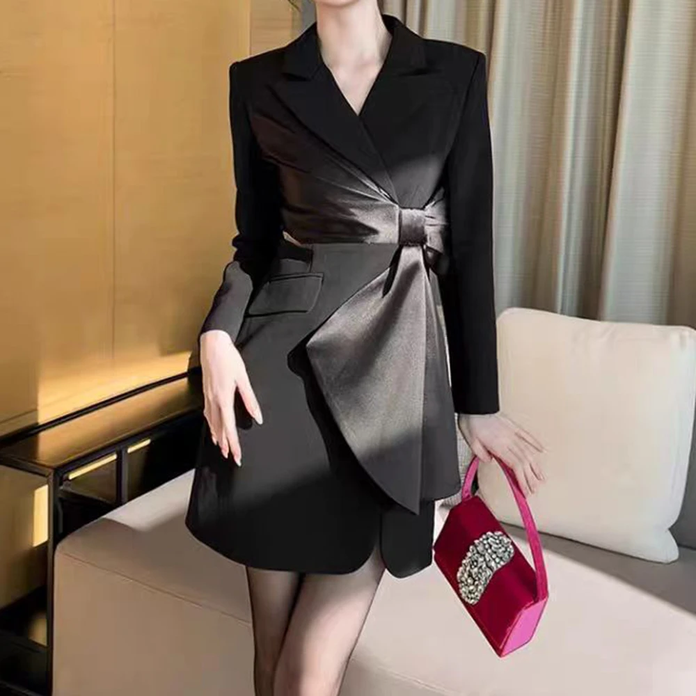 2025 spring new light luxury aura strong women's clothing fat mm senior light mature style black diagonal suit dress