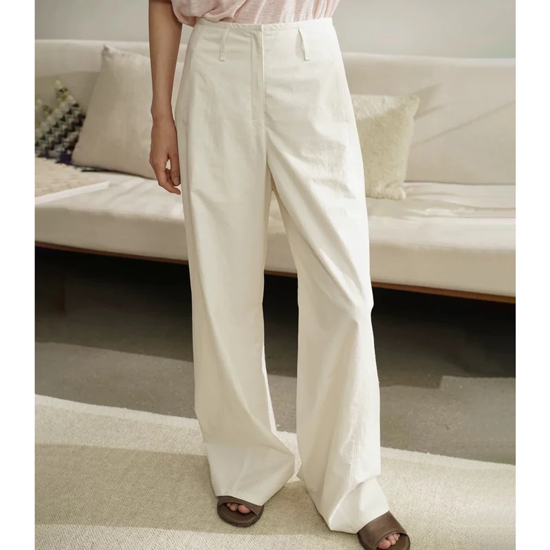 

Classic Simple Straight Leg Wide Leg Pants High Waist Loose Casual Trousers for Women Cotton Material Zipper Closure
