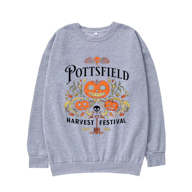 Pottsfield Harvest Festival Sweatshirt, Retro Cartoon Garden Wall,Spooky Season,Halloween Treat,Funny Town,Pumpkin Crew Neck Top