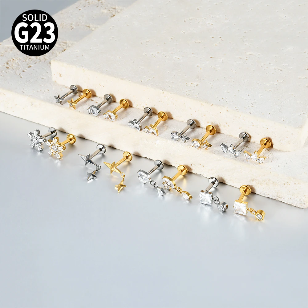 1PC F136 Titanium 1.2X8MM Ear Studs CZ Teardrop Earrings Internal Thread Dnagle Cartilage Tragus Daith Ear Labret Lip Studs