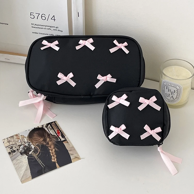 Simple Bow Black Makeup Bag Portable Zipper Storage Bag Pencil Case Cosmetic Organizer Travel Toiletry Case Handbag Girl Gift