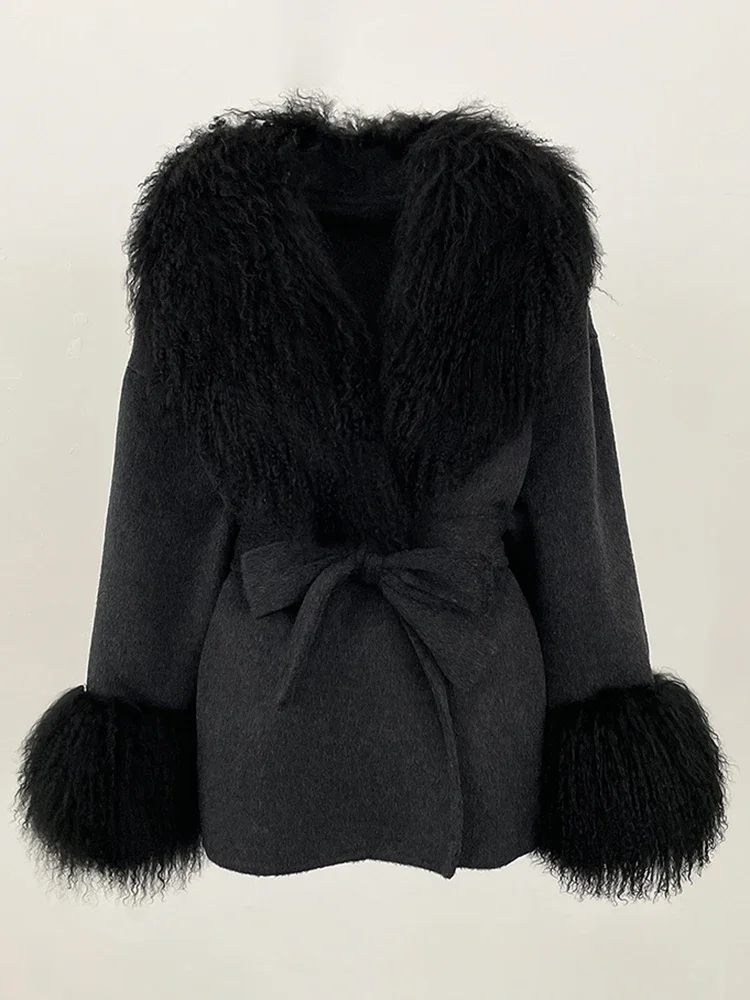 New 2025 Lady Fashion Real Fur Cuffs Coat Winter Clothing Women Wool Clothes Natural Mongolia Sheep Fur Woolen Jacket Female