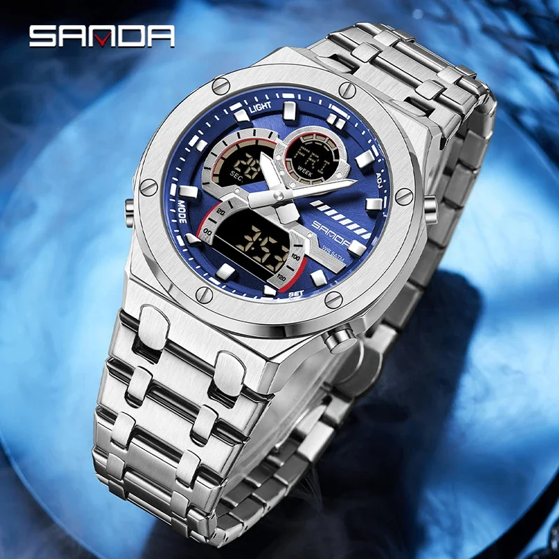 SANDA New Fashion Men Quartz Watch Stainless Steel Multifunction Dual Display Watch LED Luminous Waterproof Men's Digital Watch