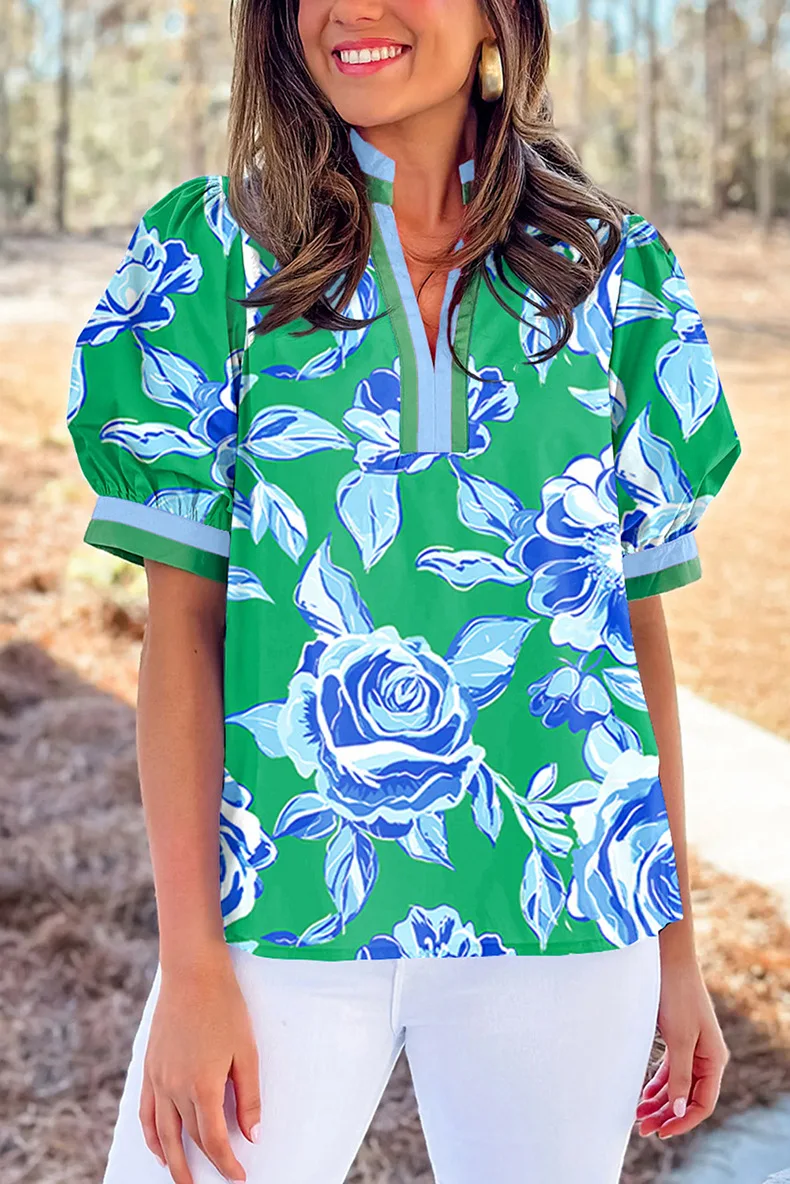 

2025 Summer New Short Sleeve V-Neck Tops Women European And American Casual Bohemian Floral Printed Loose Chiffon Shirt Blouse