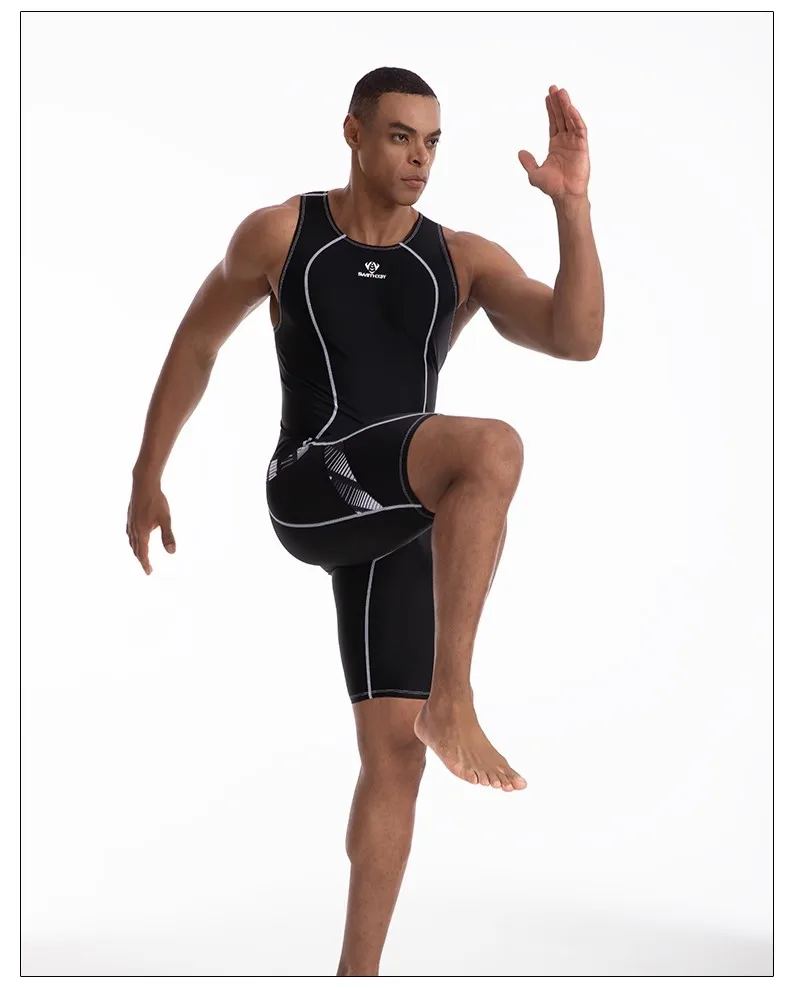 Schwarzer einteiliger Badeanzug, knielang, Renn-Badeanzug, männliches Schwimmoutfit, HXBY, für Männer und Frauen, professionelle sportliche Badebekleidung – Detail 8