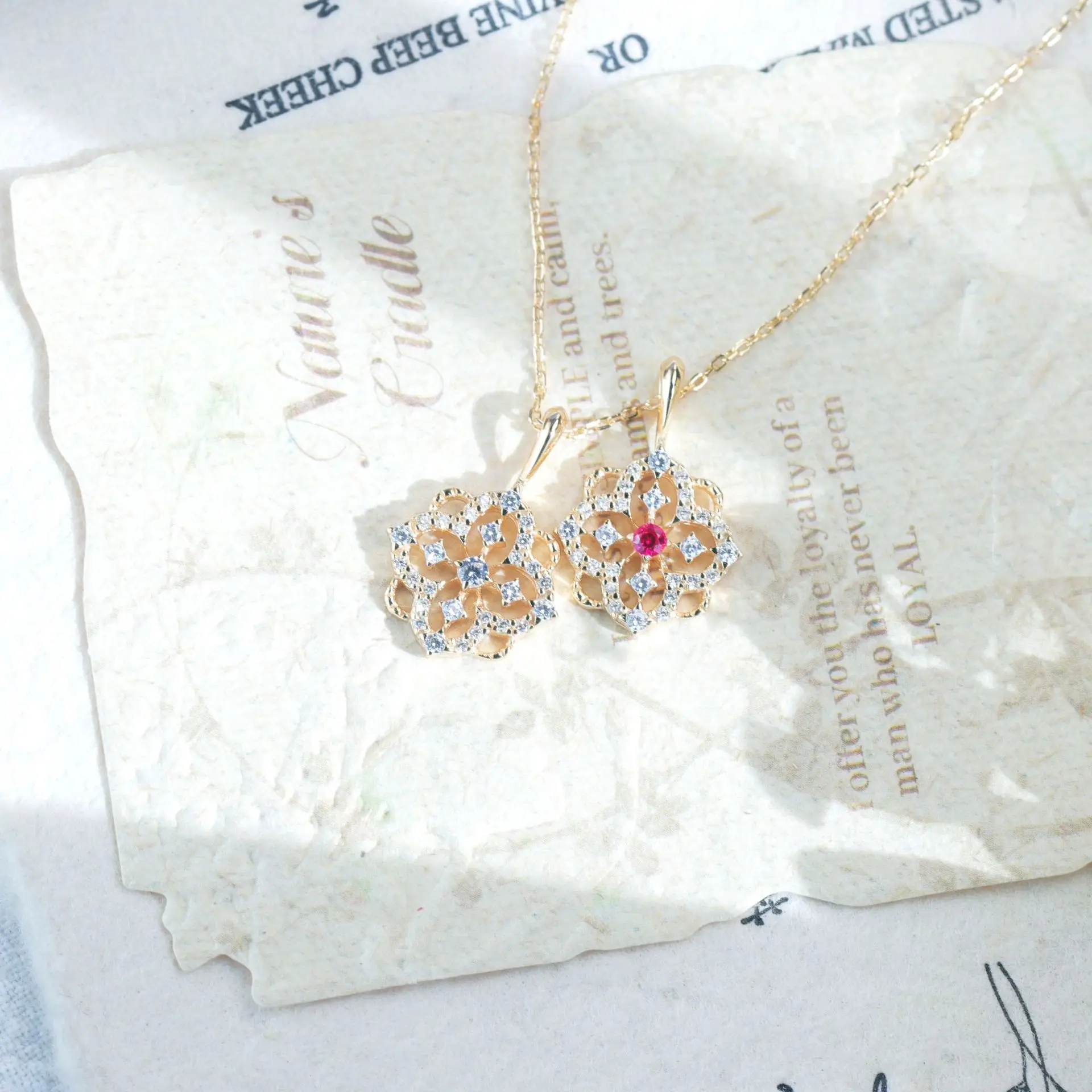 Dainty Hollow Lace Flower Pendant Necklace For Women 925 Sterling Silver Gold Plated Lab Created Ruby Or White Zircon Chic Gift