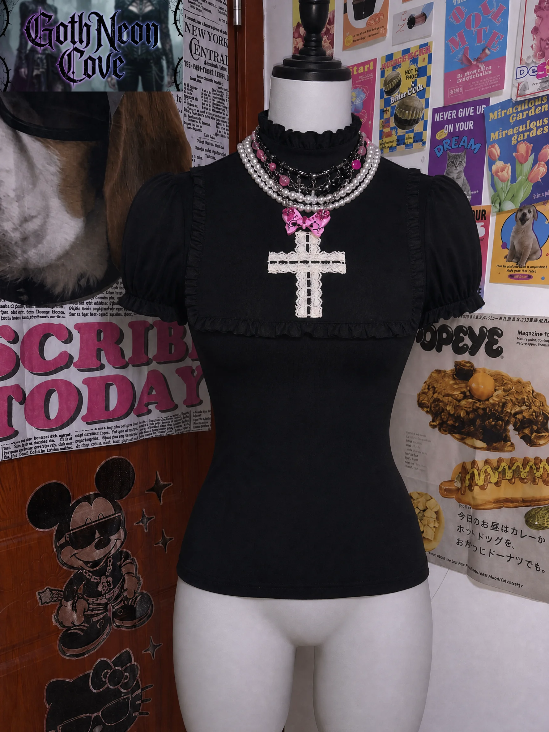 Gothic Lolita Blouse Women Gothic Cross Lace Trim Ruffle Puff Short Sleeve High Neck T-Shirt Slim Fit Harajuku Streetwear Outfit