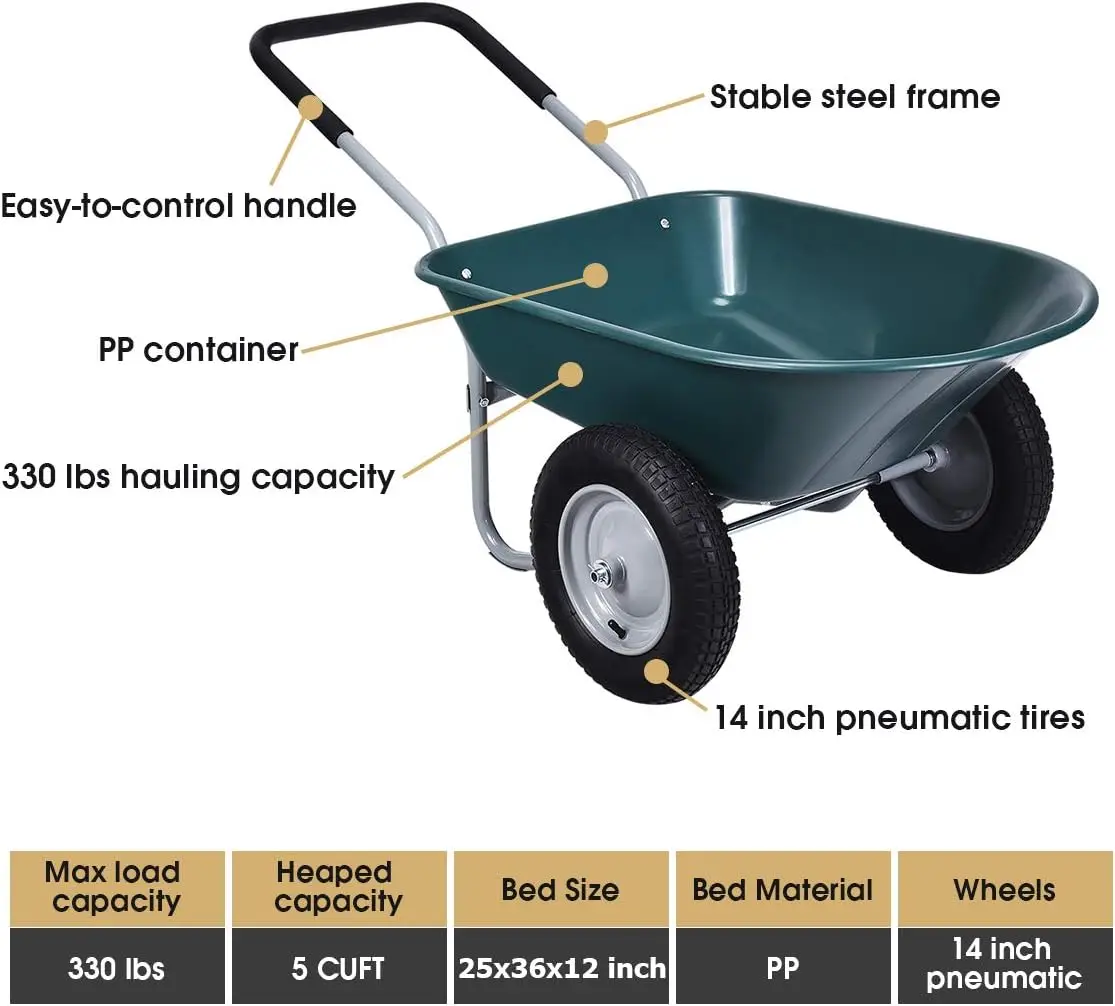 Carrinho de mão de roda dupla, carrinho de jardim resistente, carrinho utilitário de capacidade de 330 lbs com dois pneus pneumáticos de 13 polegadas para direito ao ar livre