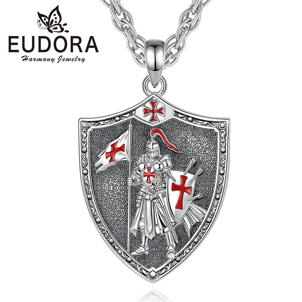 Eudora Copper Knight Templar Necklace for Men Woman Red Cross Shield Pendant Amulet Religious Protection Jewelry Fine Gift