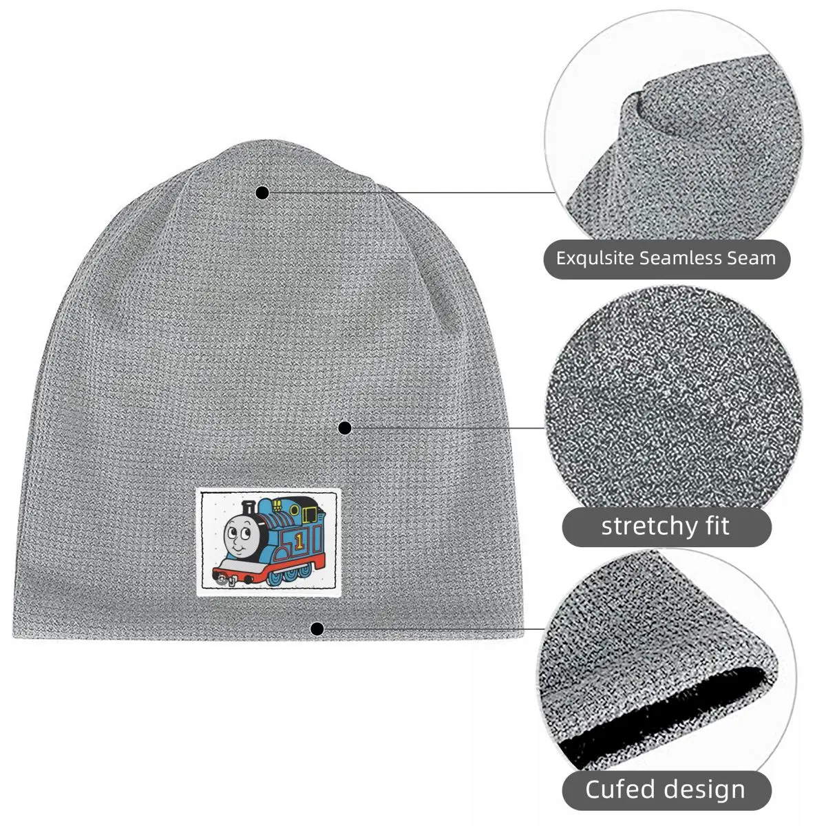 Thomas The Train Waffle Knit Fleece Lined Beanie with PU Leather Patch Unisex Warm Winter Soft Cap