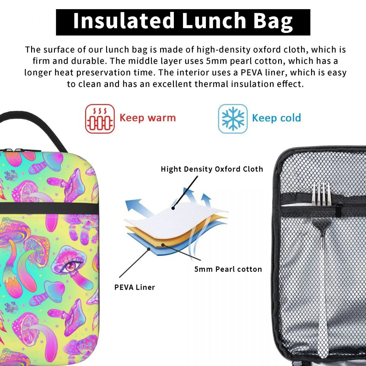 Bolsa de almuerzo con aislamiento de setas mágicas coloridas Hippie, bolso de mano con aislamiento, caja térmica para comida, para la escuela