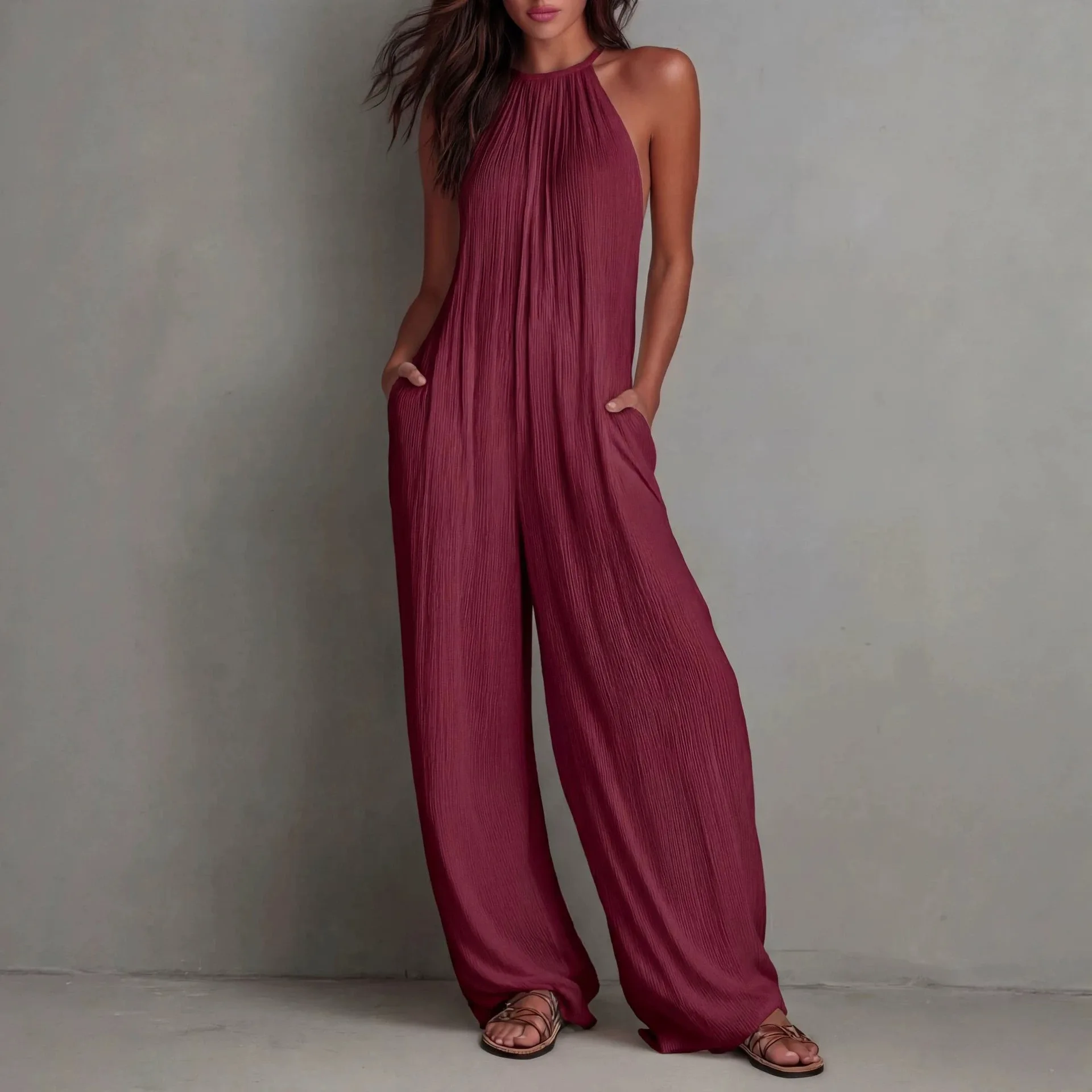 Summer Casual Outfits 2026 New Beach Vacation Jumpsuit Women Fashion Halter Sleeveless Textured Overalls Pocket Wide Leg Romper