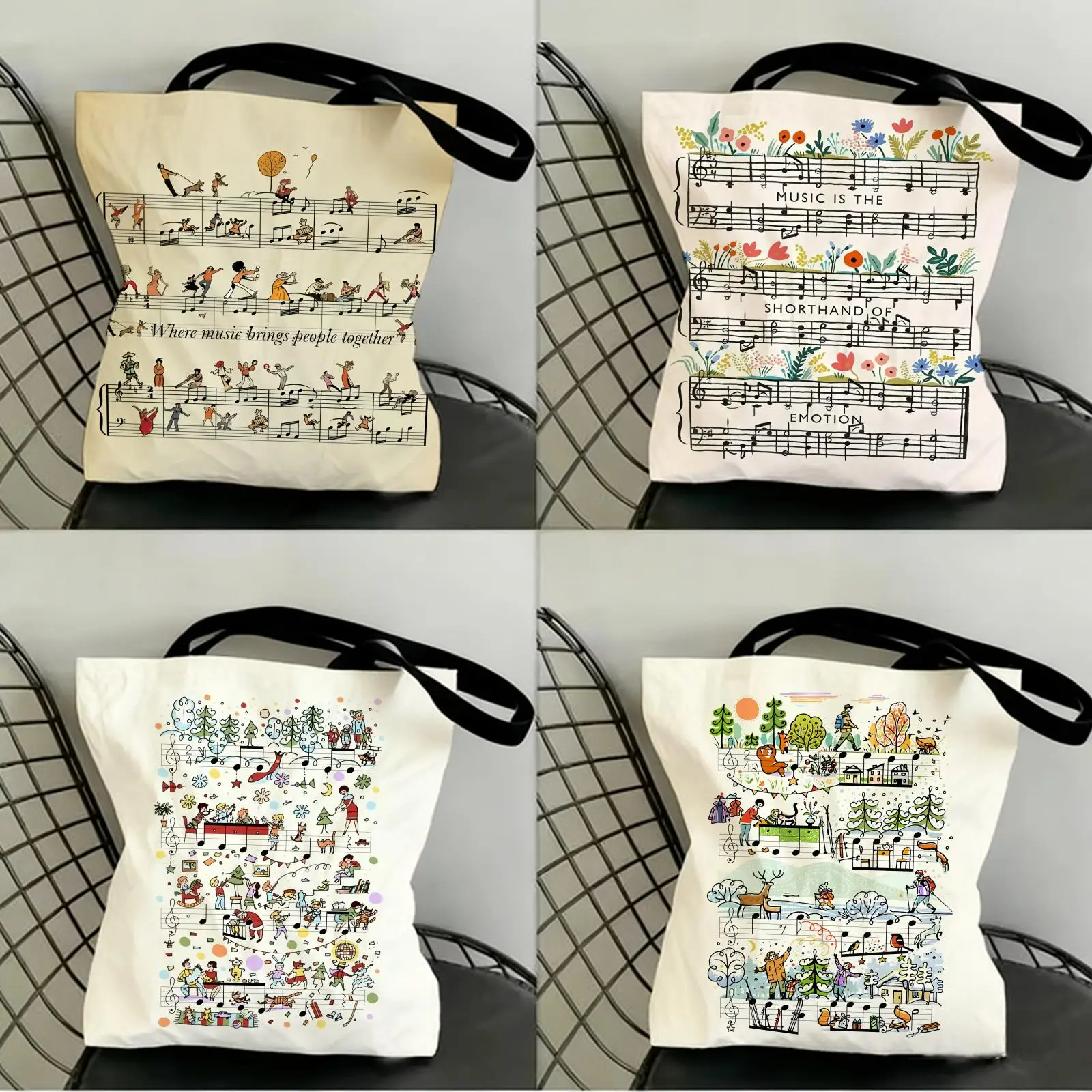 Bolsas de almacenamiento con diseño de partituras, bolsas de lona con estampado de doble cara, bolso de hombro a la moda, bolso de compras, bolsos ecológicos para regalo