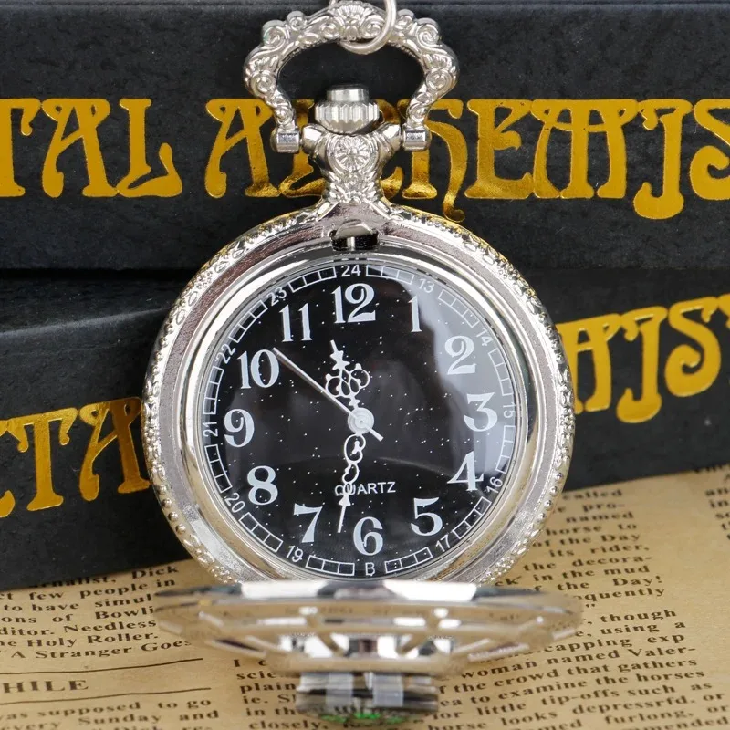 Exquisite Compass Design Vintage Hollow Skeleton Pocket Watch Black Starry Round Dial Antique Pendant Clock Gifts for Women Men