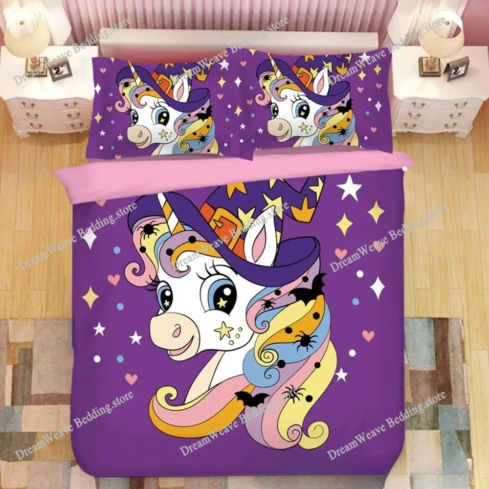 

5 Rainbow Unicorn Bedding Set,Cartoon Unicorn Duvet Cover 3D Print,Children Boys Girls Quilt Cover Pillowcase King Queen Size