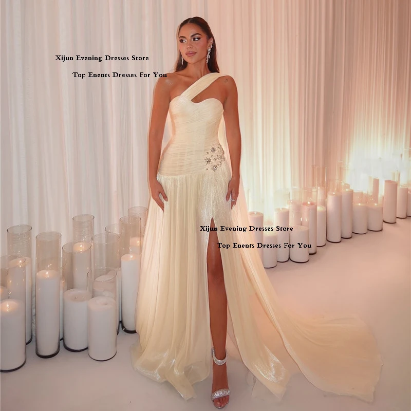 

Xijun Yellow A Line Maxi Evening Dress One Shoulder Pleated Prom Dresses Saudi Arabic Formal Prom Gowns Floor Length Customized