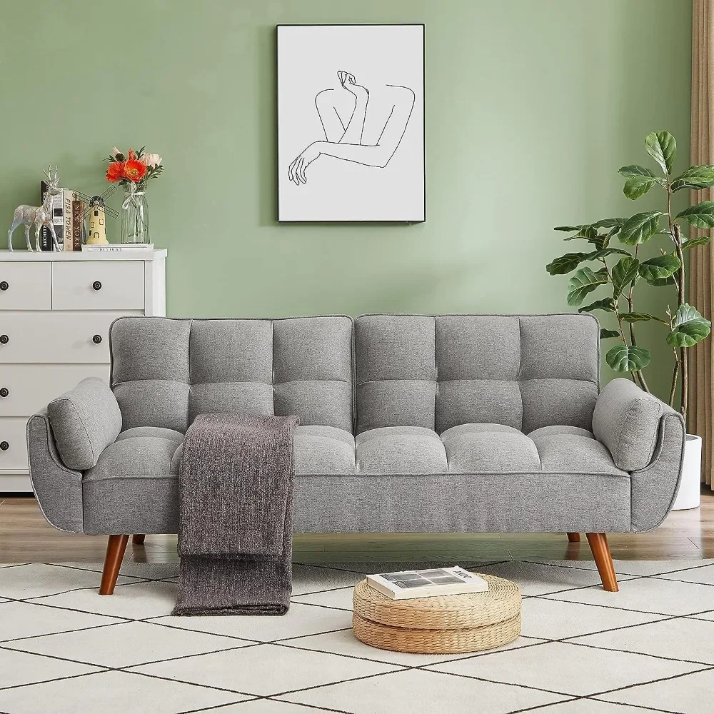

Sofa, Modern Convertible Plush Linen Soft Cushion Futon Sofa Day Bed With 2 Pillows, Living Room Sofa