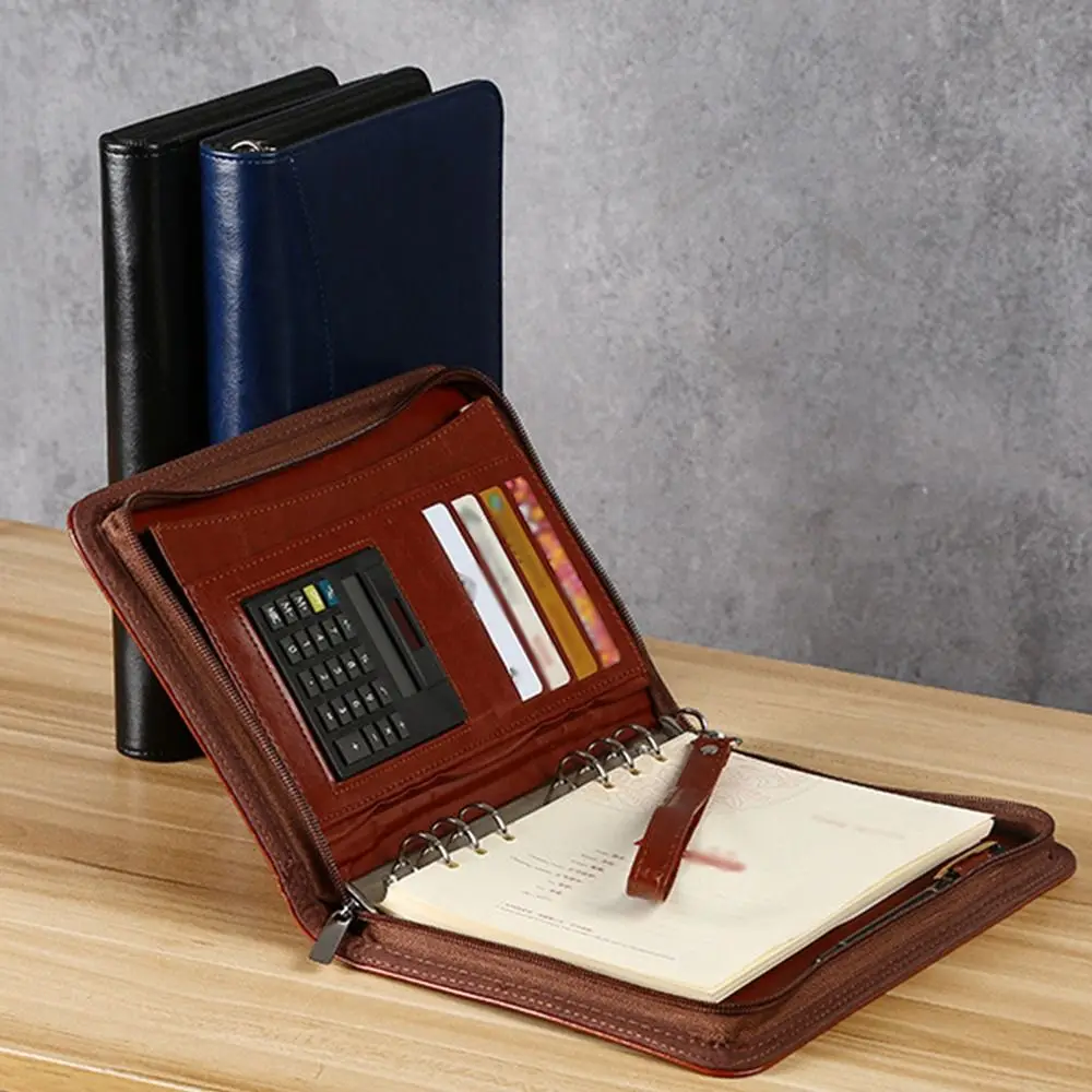 Portable File Folder PU Leather 6-Ring Portfolio Binder with Calculator Zippered Closure Work Record Book Office Supplies