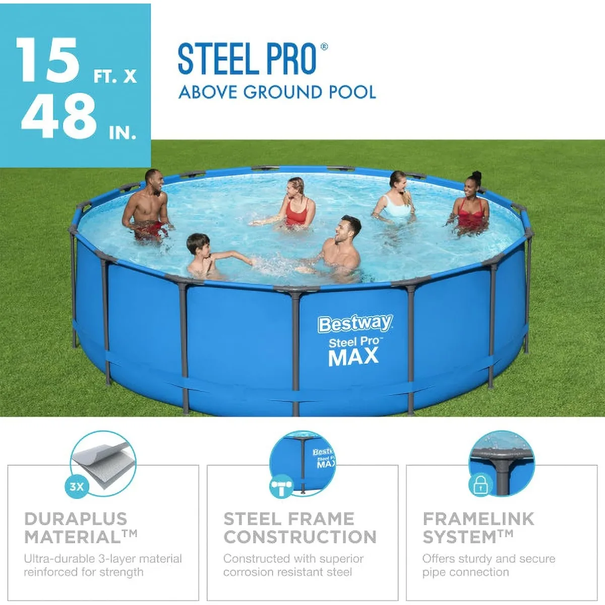 MAX 15’ x 48” Round Steel Frame Above Ground Outdoor Swimming Pool Outdoor Metal Frame with Heavy Duty Repair Patch