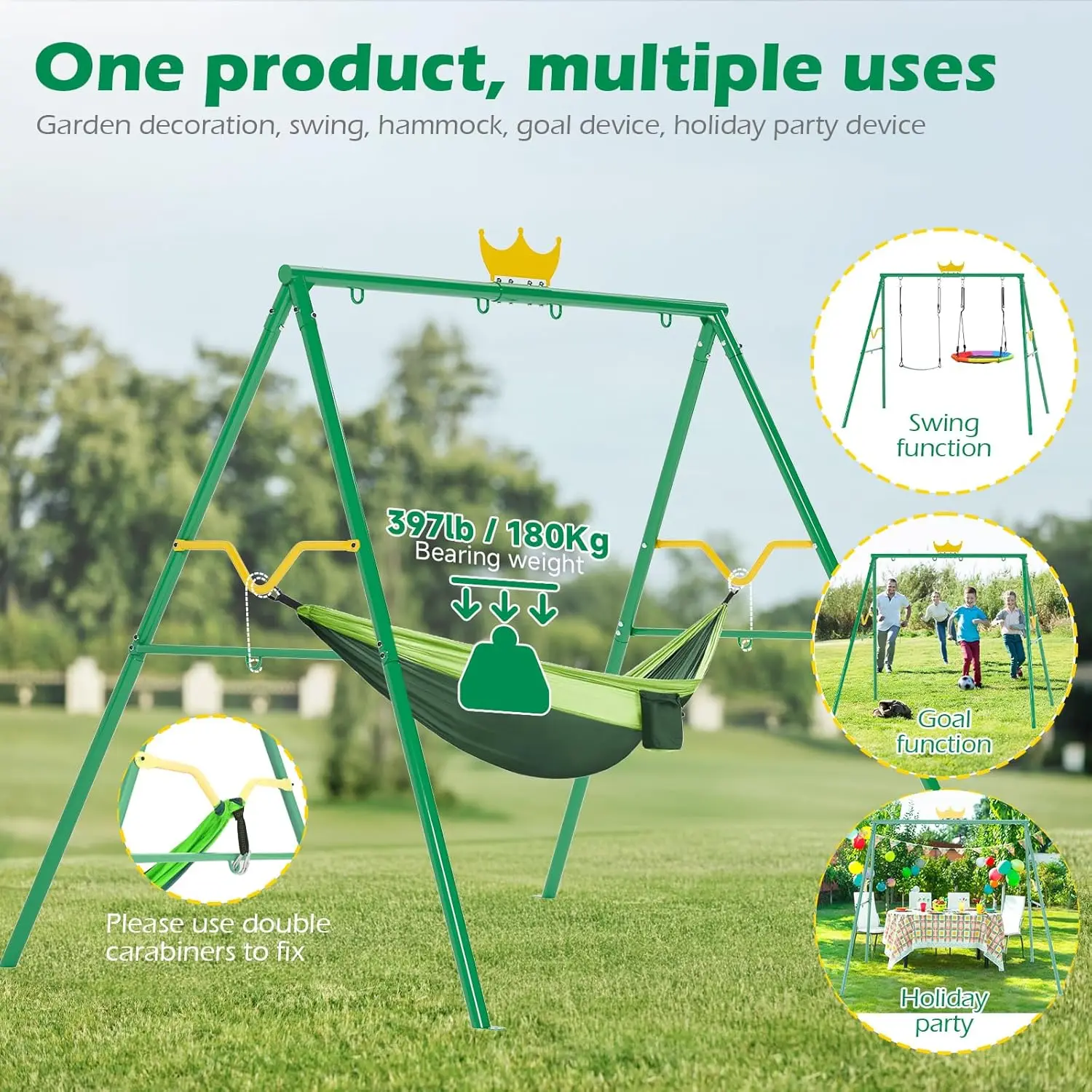 Balançoire et hamac Crown 2 en 1, ensembles de balançoires à 2 places de 460lb pour l'arrière-cour, ensemble de balançoires pour enfants en plein air, métal robuste, 1 soucoupe et 1 ceinture pour