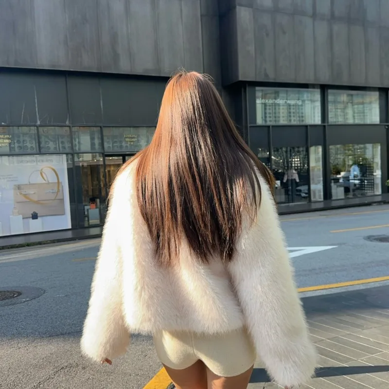 2025, namaakbontjas, dames, pluizige dameswinterjas, warme jas met lange mouwen, luxe gouden punt op witte achtergrond, bovenkledingjassen