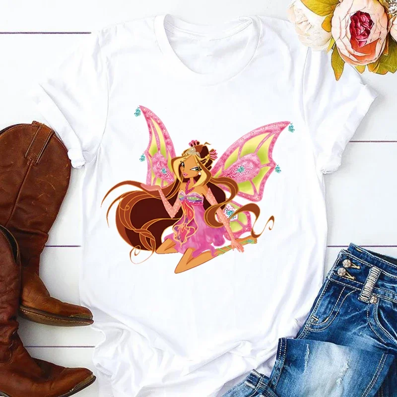 Winx-Camiseta de manga corta con estampado de hada mariposa para mujer, remera estampada, playera para mujer