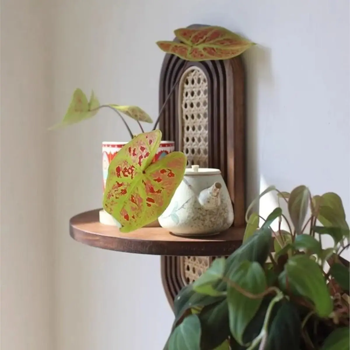 Estilo de madeira chinês decoração de parede prateleira quarto sala estar fundo artesanal rattan flor rack armazenamento a