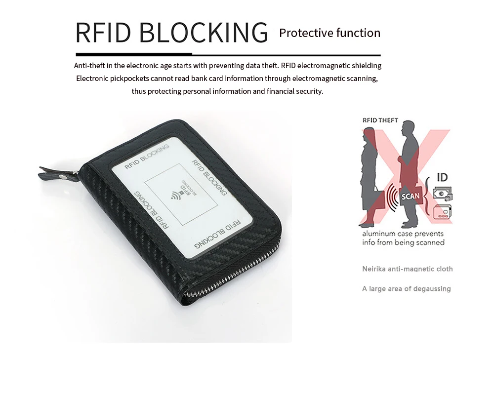 Minimalistisches RFID-blockierendes Kartenetui mit modischem Kohlefaser-Muster, Reißverschluss-Münzbörse, Business-Kartenhalter für Herren, mit Ausweisfenster – Detail 5