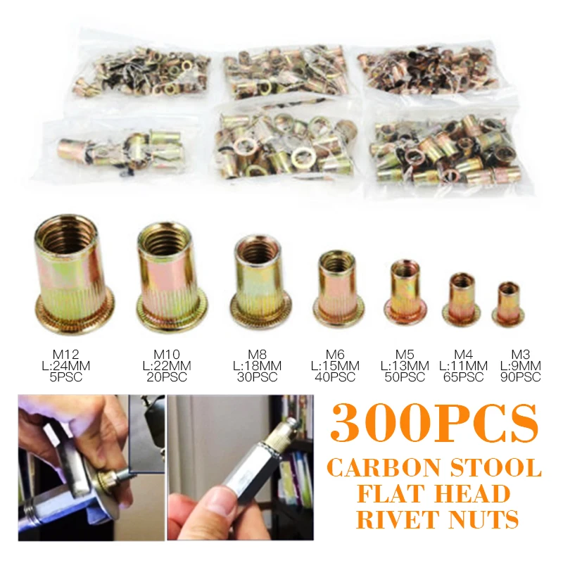 300pcs M3/M4/M5/M6/M8 M10/M12 Carbon Steel Flat Head Rivet Nuts Riveting Tools