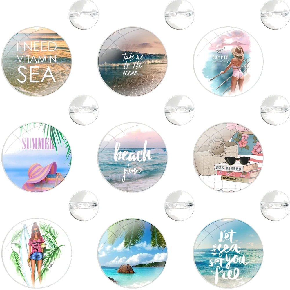 summer beach wave sea Glass Dome Brooches Shirt Lapel Bag Cute Badge Pins For Clothes Hat Accessories