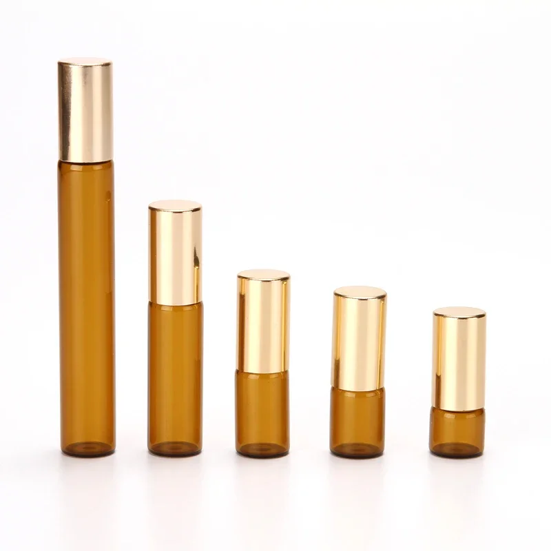 3/5/10ML Amber Glass Roller Perfume Bottle Empty Mini Roll on Gold Black Cap Cosmetics Sample Tube Thin Vials Refillable Bottle