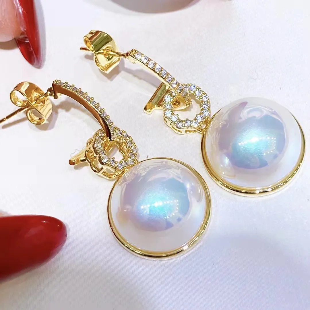 

925 silver gilded imitation Mabei pearl r ear pin specular gloss earrings