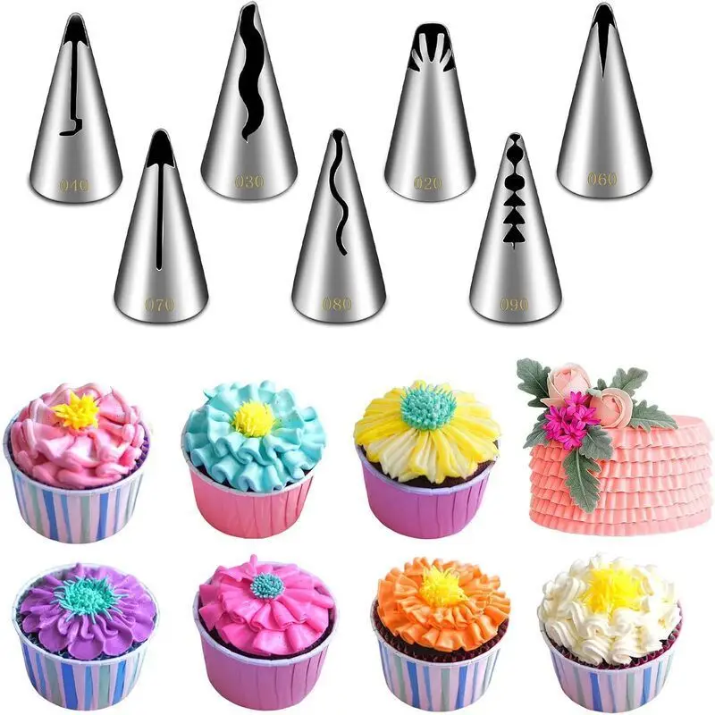 7Pcs Stainless Steel Pleated Skirt Piping Nozzles Set for Pastry Fondant Cake Decorating Ideal Baking Tools Russian Nozzle Tips