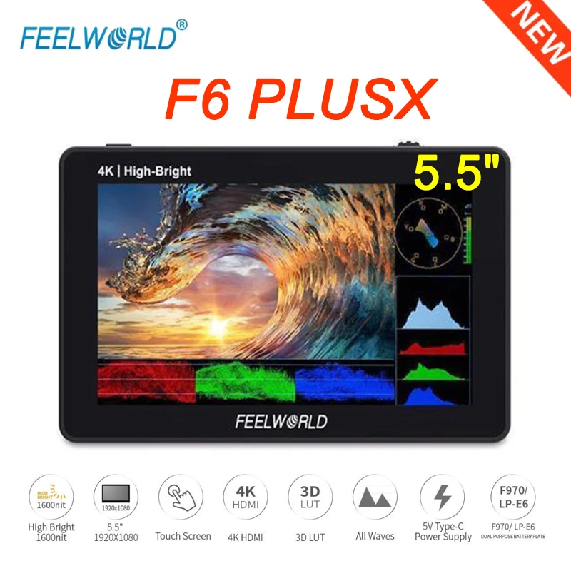 

FEELWORLD F6 PLUS X 5.5Inch on Camera Monitor IPS Touch Screen FHD 4K HDMI-Campatible 1920x1080 3D LUT Waveformfor Rig Gimbal