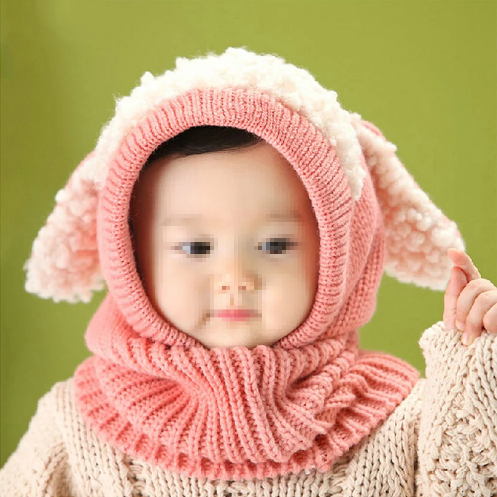 

Pink Dog Print Baby Hooded Scarf Hat Knitted Woolen Coif Winter Warm Earflap Cap for 6 to 36 Months Soft Comfortable Lightweight