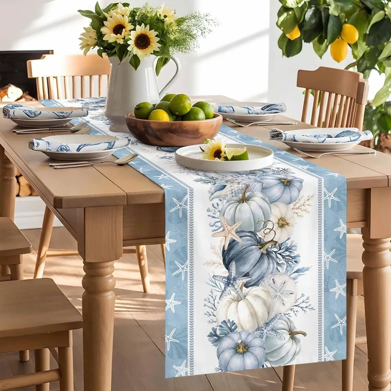 Fall Nautical Starfish Coral Shell Linen Table Runner Party Decor Autumn Pumpkin Kitchen Dining Table Runners Thanksgiving Decor