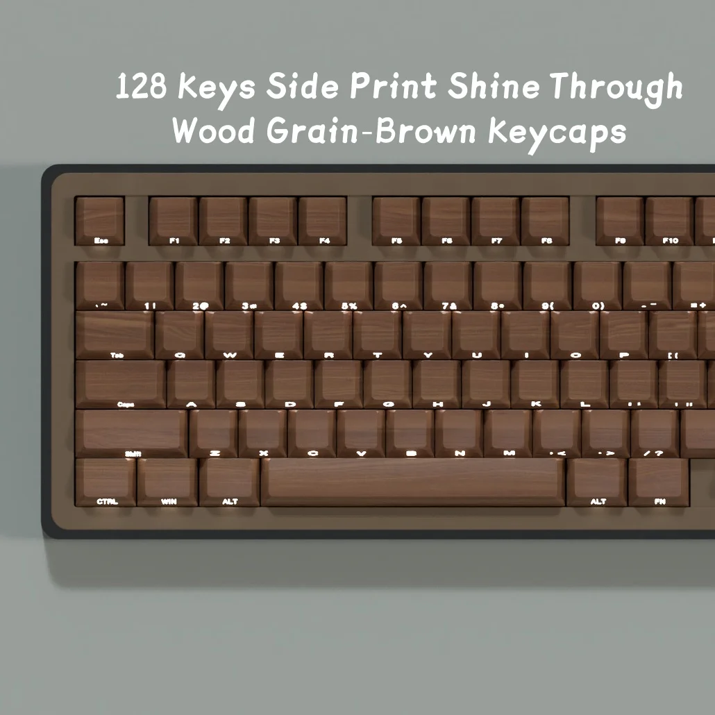 Wood Grain-Brown Keycap Side Print Dye-Sub PBT Backlit Key Cap Cherry Profile Fit for Cherry MX South LED Keyboard 128 keys