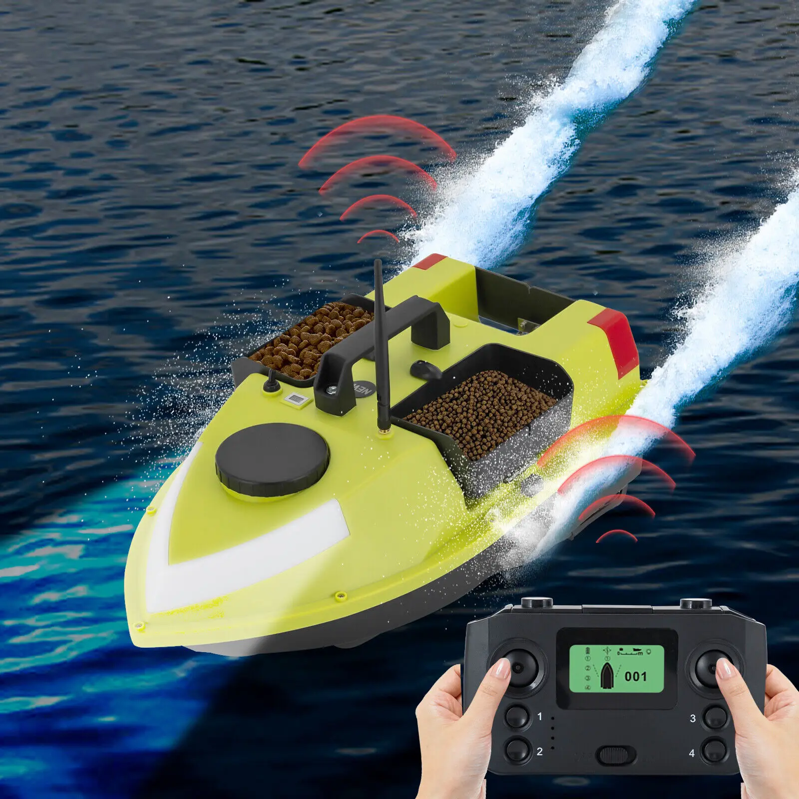 Green Mini Nest Boat with GPS & Light Strip, 5200mAh Package + 2 Batteries - New