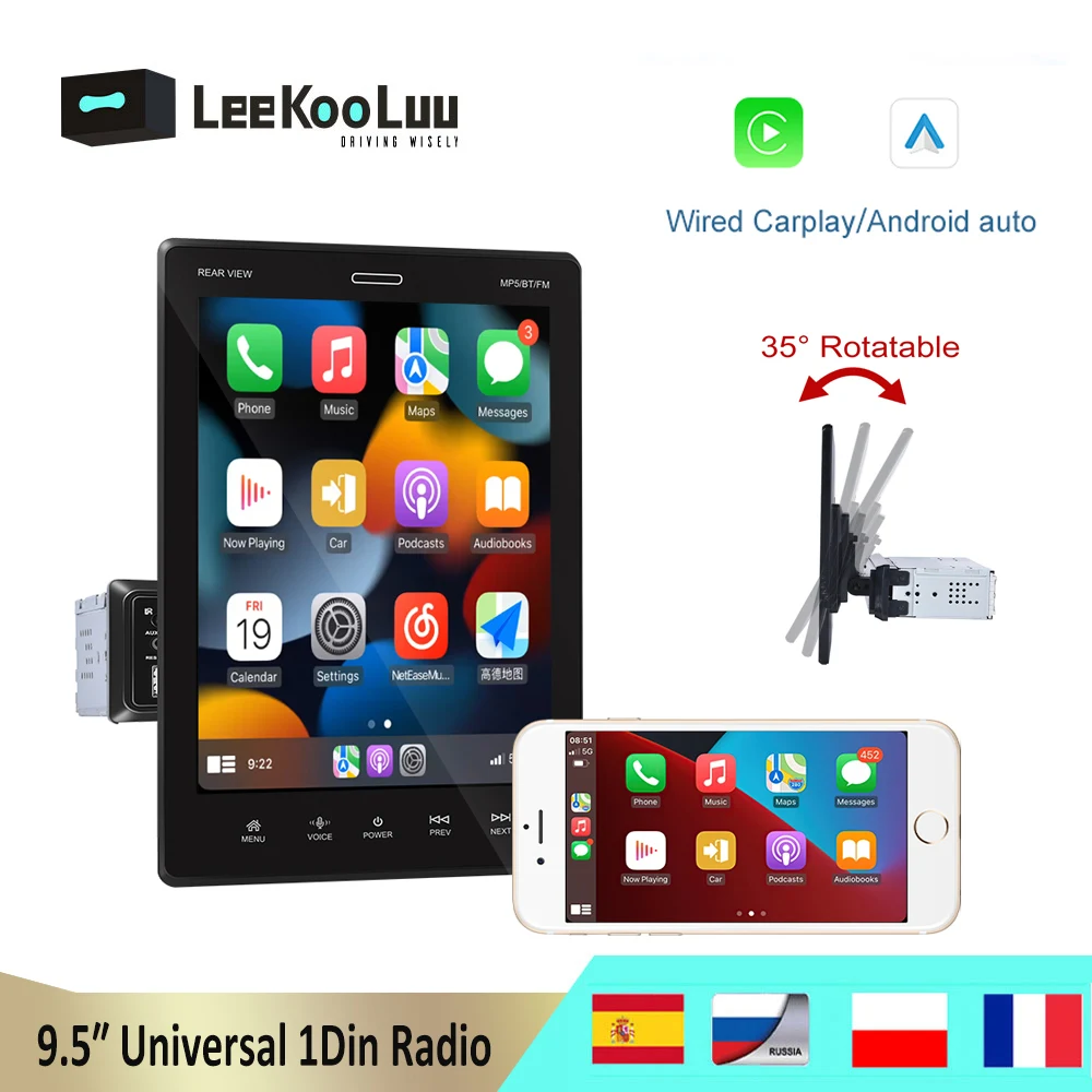 

LeeKooLuu 1 Din Car Radio Multimedia Video Player 9.5" Vertical Touch Screen Autoradio Stereo Support Carplay /Android Auto