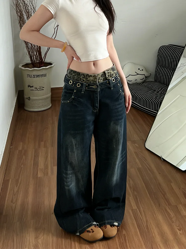 

plus Size American Retro Leopard Print Double Waist Wide Leg Jeans Women Spring New Loose Straight Leg Pants Casual Wear