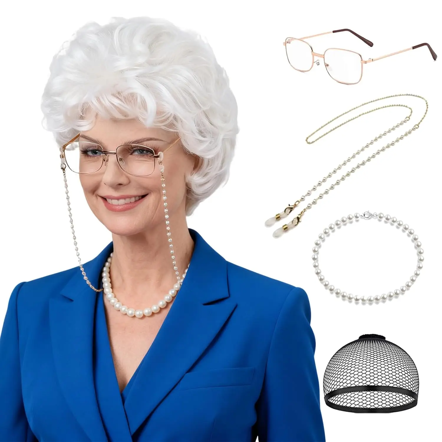 

Synthetic 5pcs Set Old Lady Costume Wig and Accessories for Women Silvery White Curly Granny Grandma Wigs for 100 Days School