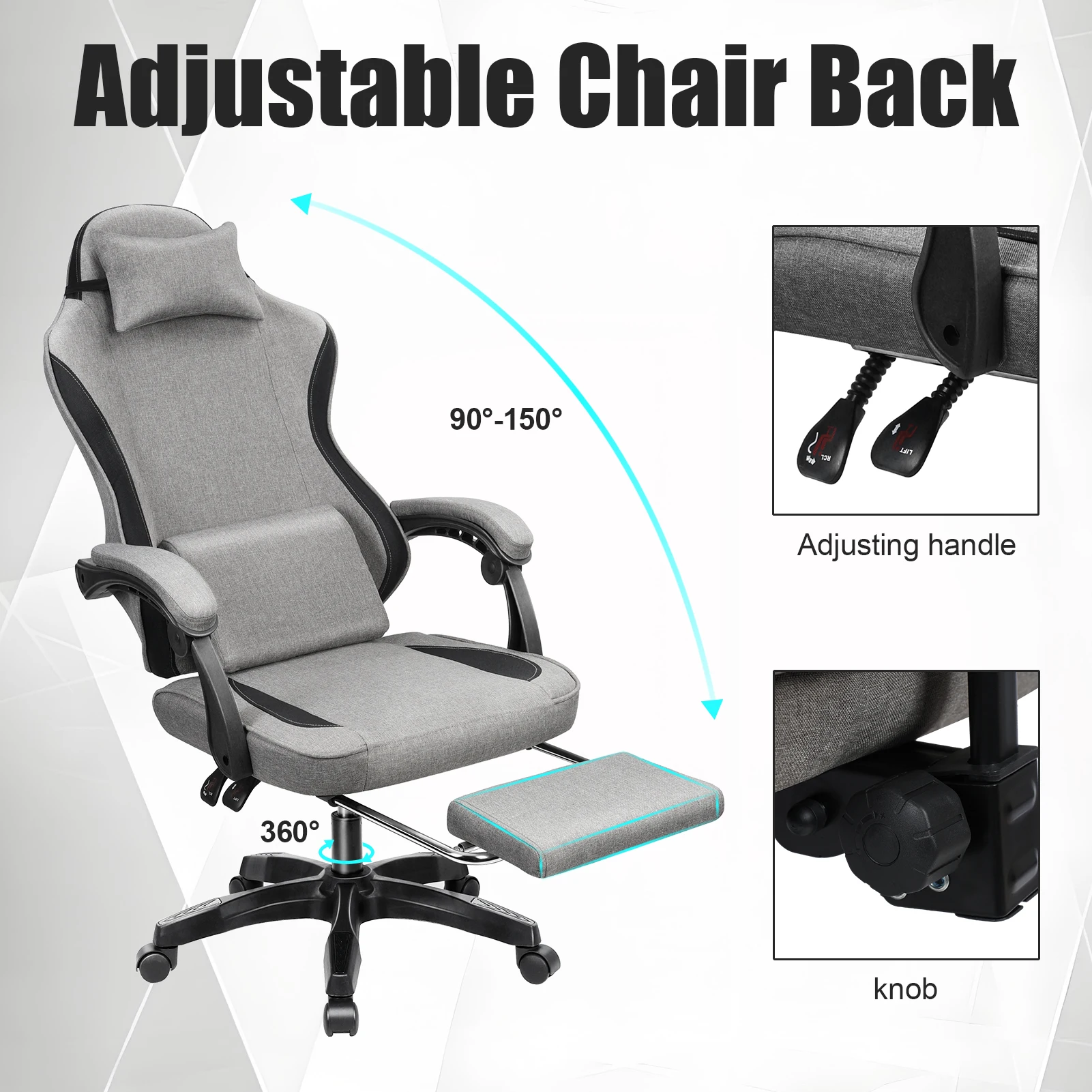 Gaming Chair Fabric with Pocket Spring Cushion, Massage Game Chair Cloth with Headrest, Ergonomic Computer Chair