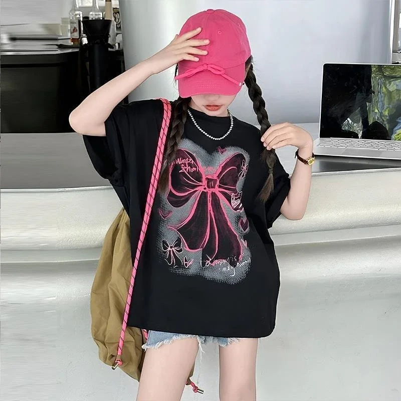 Kids Girls Summer T-Shirt 100% Cotton Short Sleeve Casual Top Fashionable Versatile for Middle Big Children Cute Basic Tee