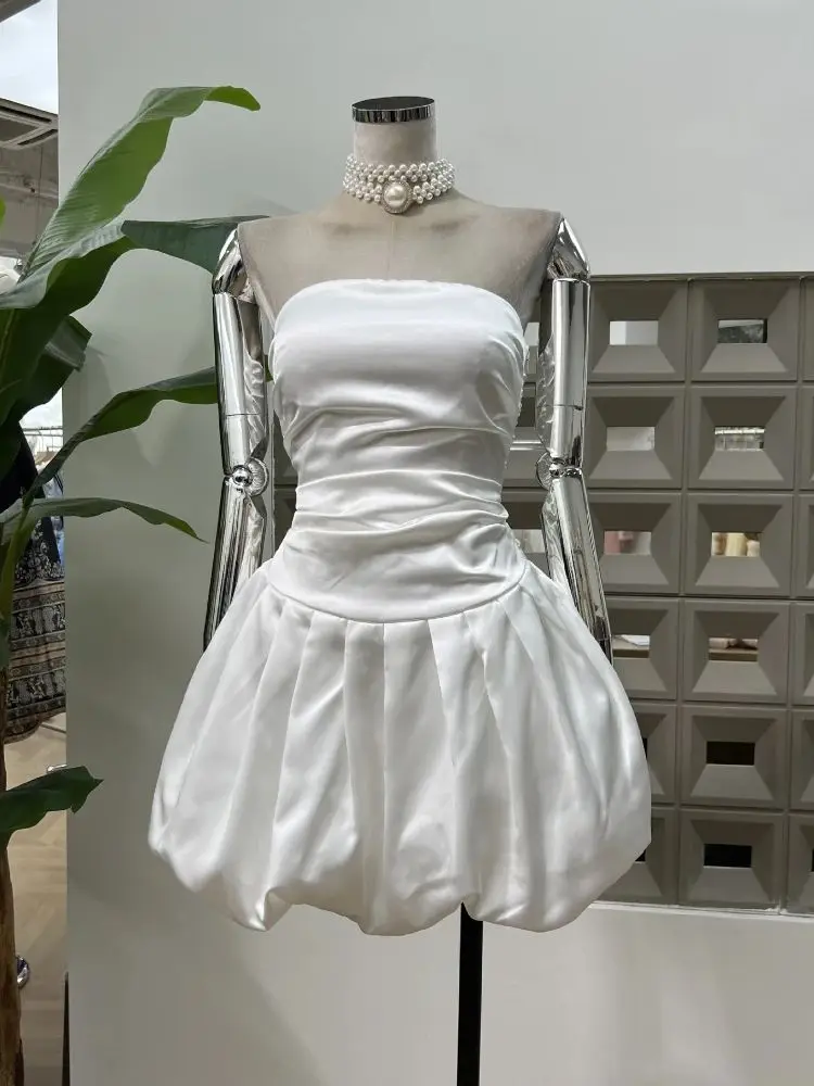 

New Cute Satin Prom Dresses Charming Sleeveless Puffy Mini Birthday Party Women's Dress Strapless Girls Cocktail Formal Gowns